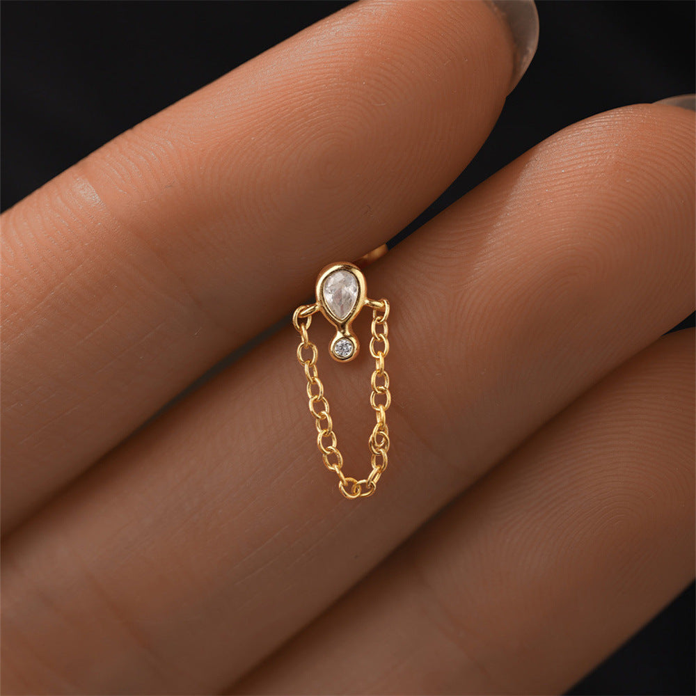 S925 Sterling Silver Gold Plated Pear & Round CZ Chain Drop Flat Back Cartilage Earring