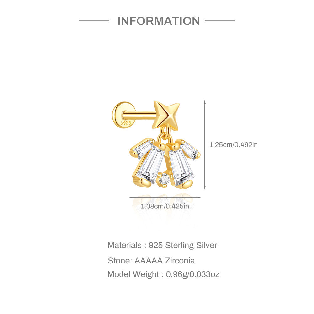 S925 Sterling Silver Gold Plated Star Top with Baguette CZ Fringe Dangle Flat Back Cartilage Earring