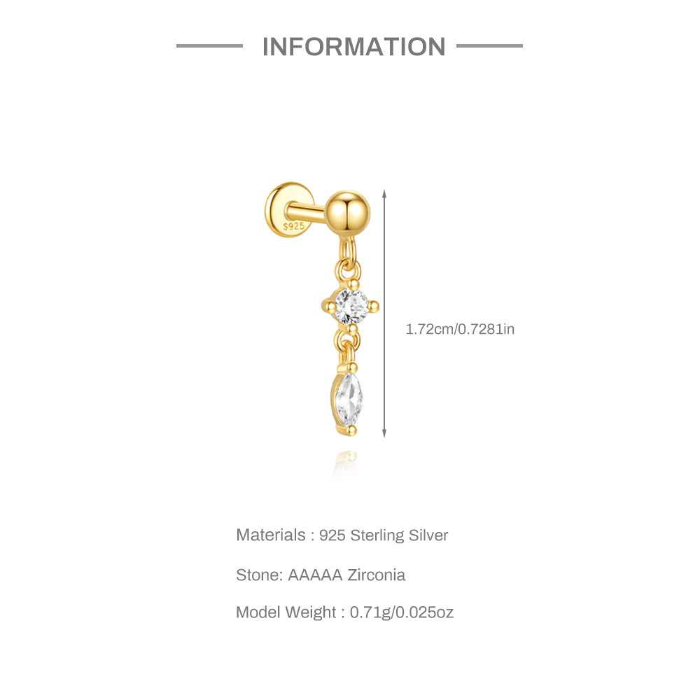 S925 Sterling Silver Gold Plated Round & Marquise CZ Chain Dangle Flat Back Cartilage Earring