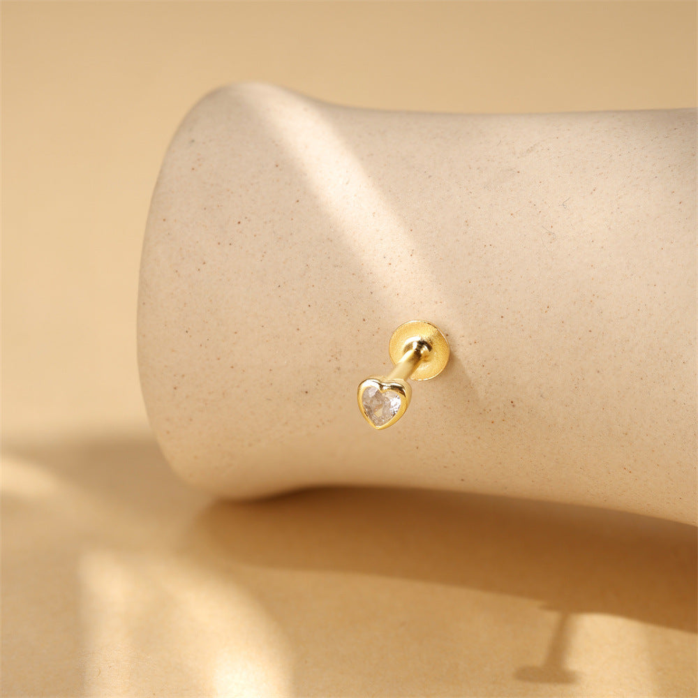 S925 Sterling Silver Gold Plated Heart-Shaped CZ Flat Back Cartilage Earring