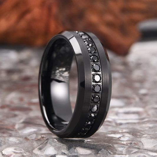 8mm tungsten men's wedding band steel hammered black ring electric black combination inlaid with black zircon