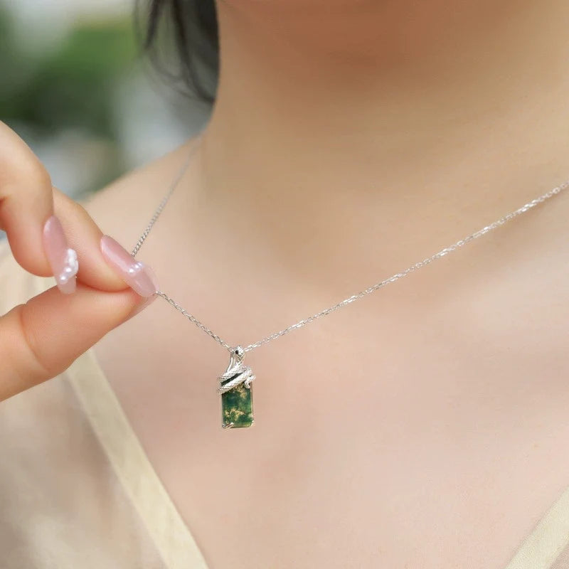 Emerald Cut Moss Agate Mystical Serpent Carved Nature Pendant Necklace - "Cloak"