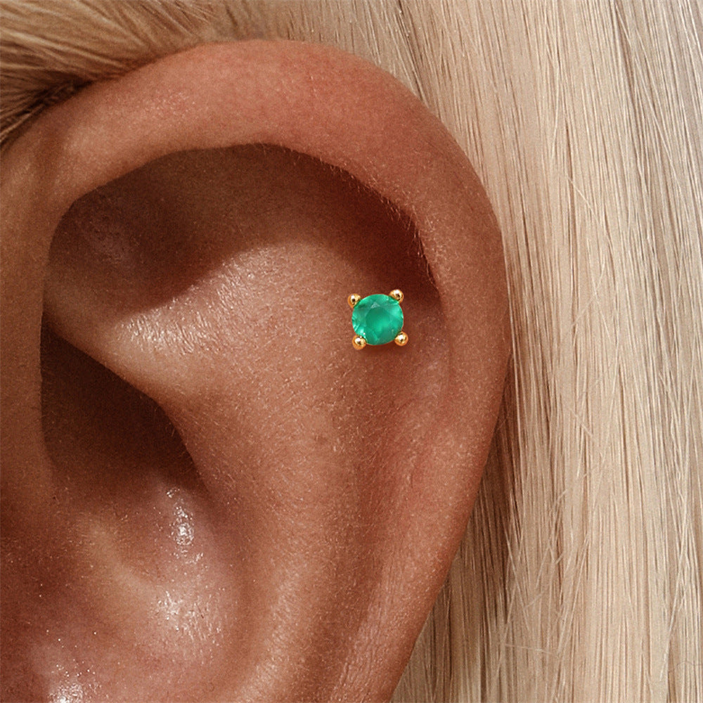 S925 Sterling Silver Gold Plated Round Green Zircon Four-Prong Flat Back Cartilage Earring