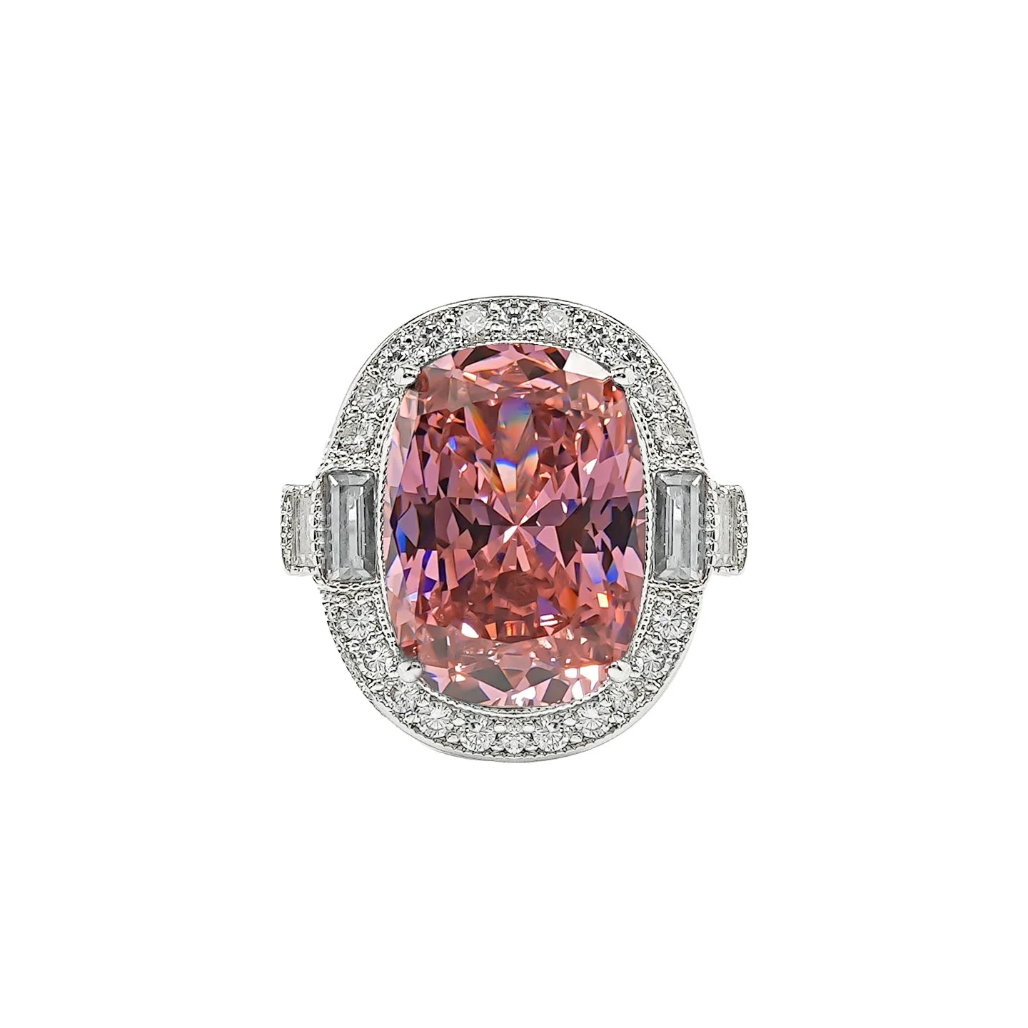 Retro Radiant Cut Colorful Gemstone Engagement Ring with Double Halo & Baguette Accents