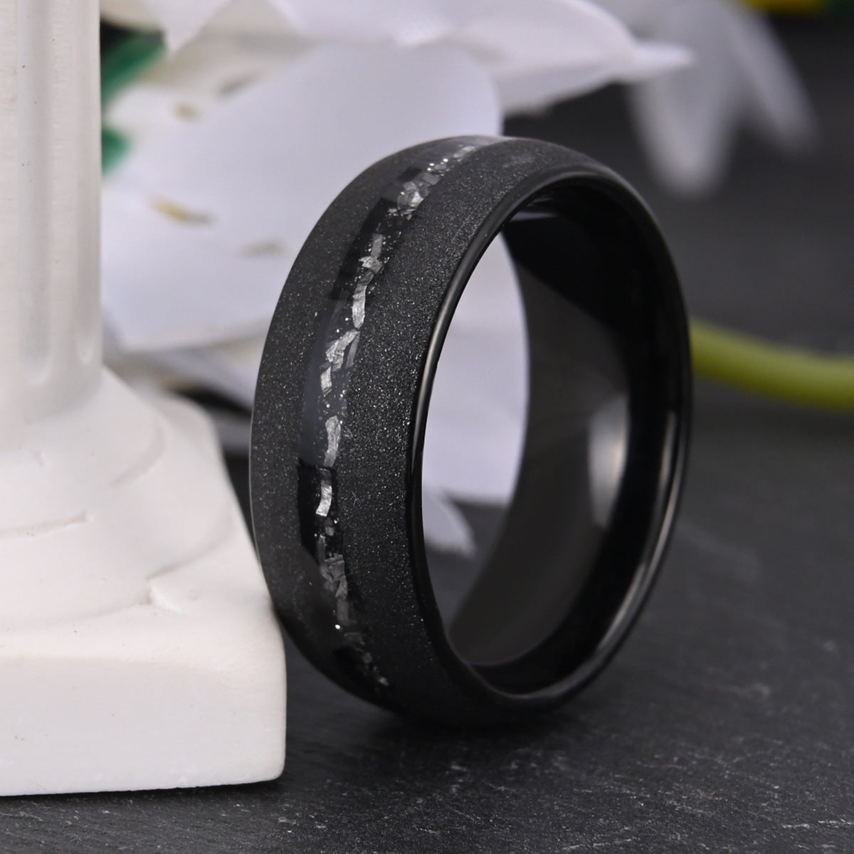 Tungsten steel curved sandblasted black meteorite ring men's wedding band