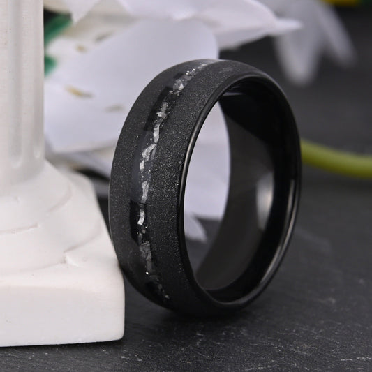 Tungsten steel curved sandblasted black meteorite ring men's wedding band