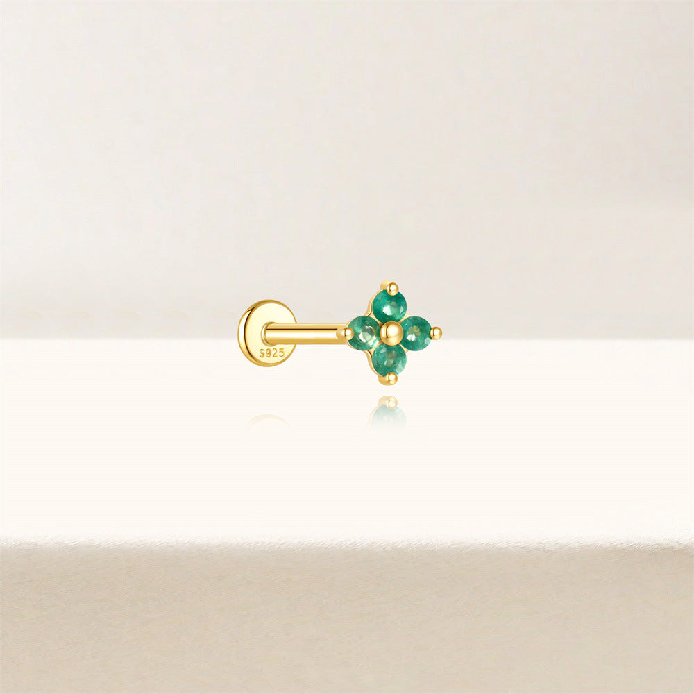 S925 Sterling Silver Gold Plated Four-Petal Green Zircon Flower Flat Back Cartilage Earring