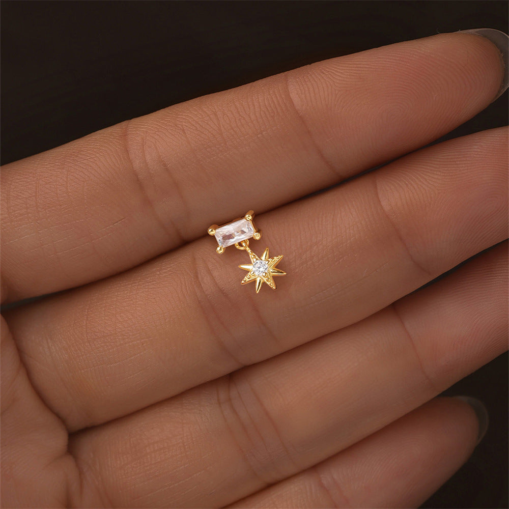 S925 Sterling Silver Gold Plated Baguette CZ with North Star Dangle Flat Back Cartilage Earring