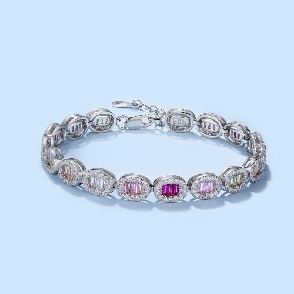 Artistic Radiant Cut Bracelet for Women, accented with Pink Stone, Ruby, Aquamarine Blue, and Yellow Stones