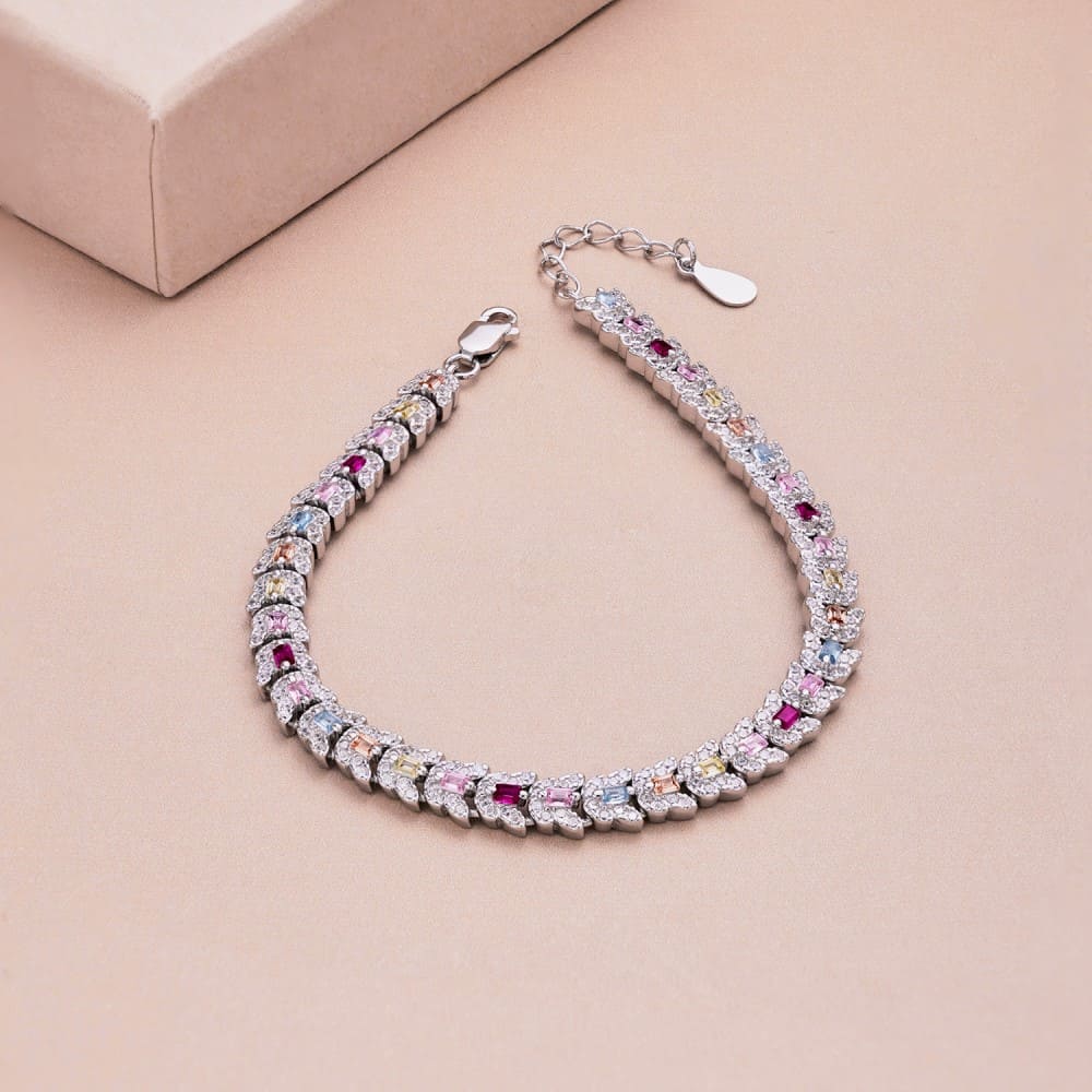 Regal Emerald Cut Bracelet for Women, Accented with Pink, Ruby, Aquamarine, and Yellow Stones