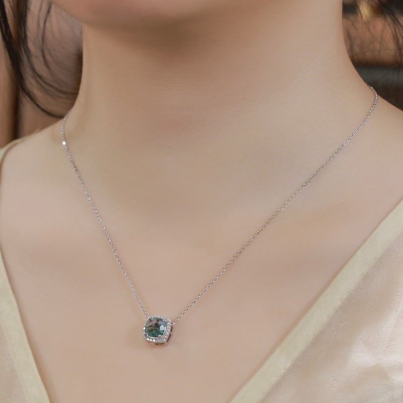 Cushion Cut Moss Agate Halo Pendant Necklace For Girlfriend - "Verdant Cushion"