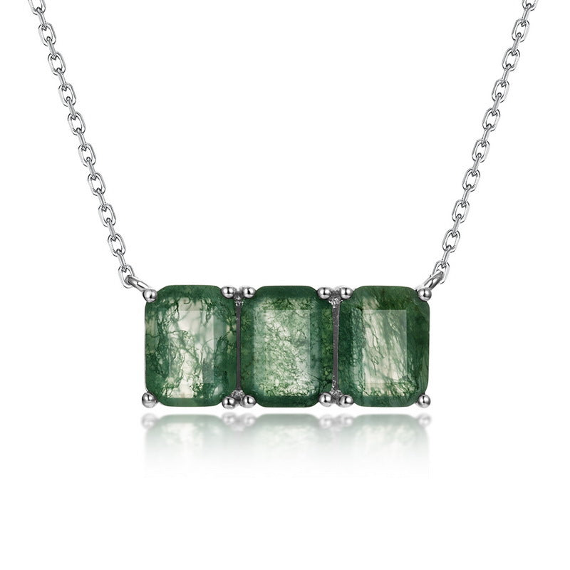 Emerald Cut Moss Agate Triple Stone Minimalist Necklace For Girlfriend - "Verdant Veil"