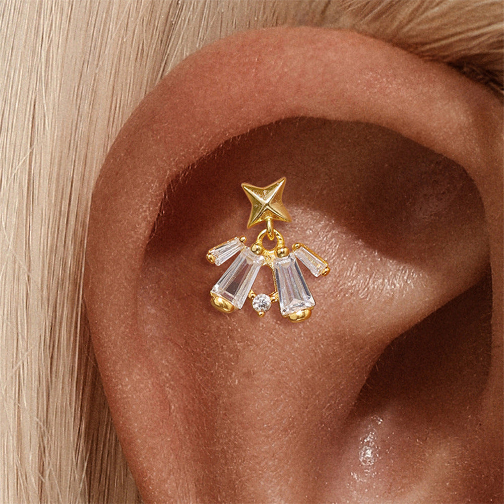 S925 Sterling Silver Gold Plated Star Top with Baguette CZ Fringe Dangle Flat Back Cartilage Earring