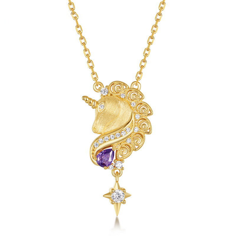 Handcrafted Brushed Gold Unicorn Necklace -Plated Amethyst Pendant