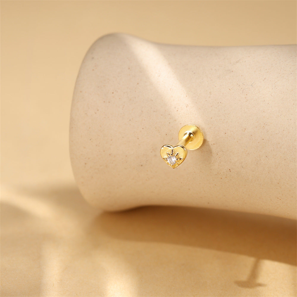 S925 Sterling Silver Gold Plated Heart with Starburst CZ Flat Back Cartilage Earring