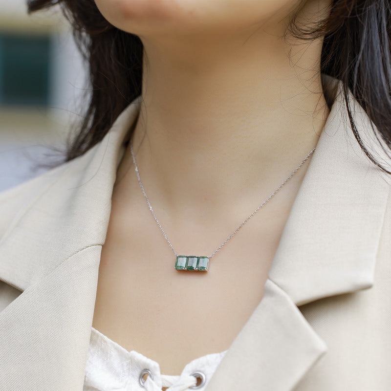 Emerald Cut Moss Agate Triple Stone Minimalist Necklace For Girlfriend - "Verdant Veil"