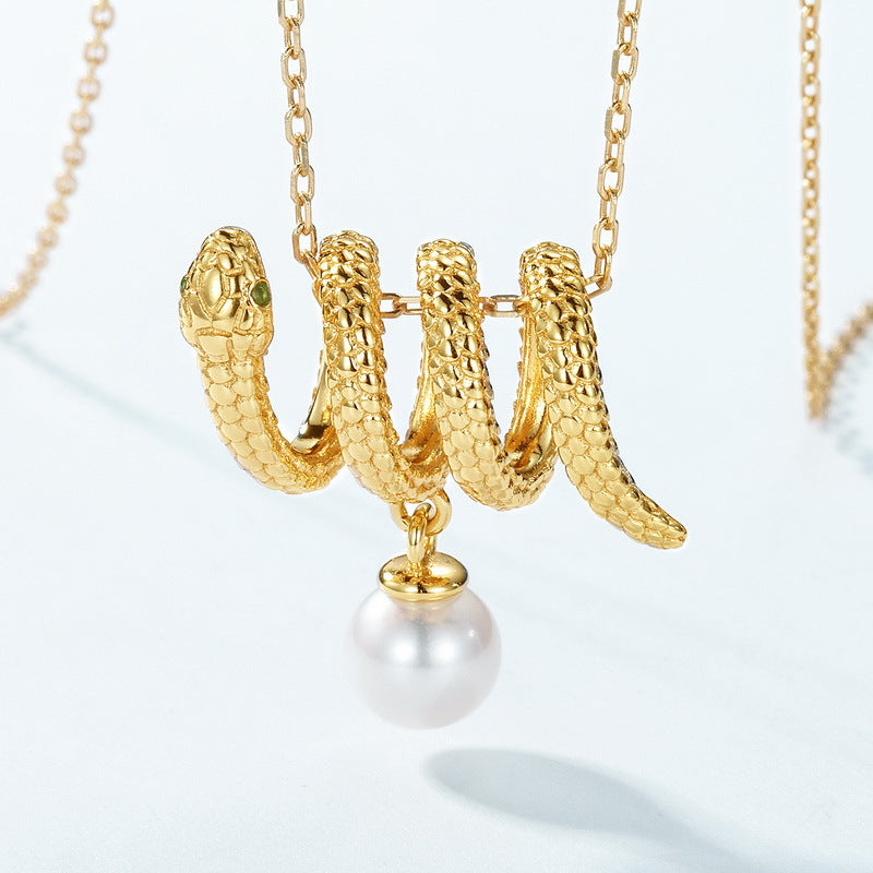 Round Cut Pearl Spirit Snake Unique Necklace