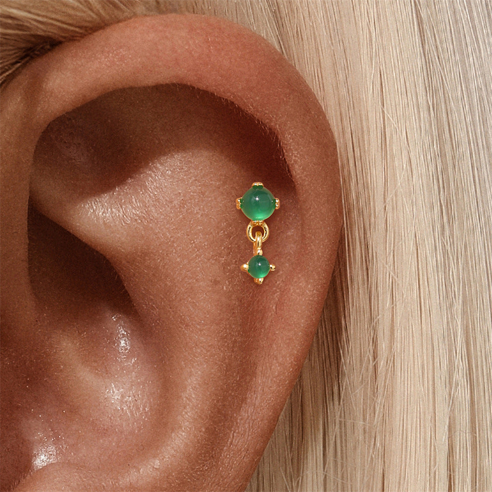 S925 Sterling Silver Gold Plated Green Zircon Drop Flat Back Cartilage Earring