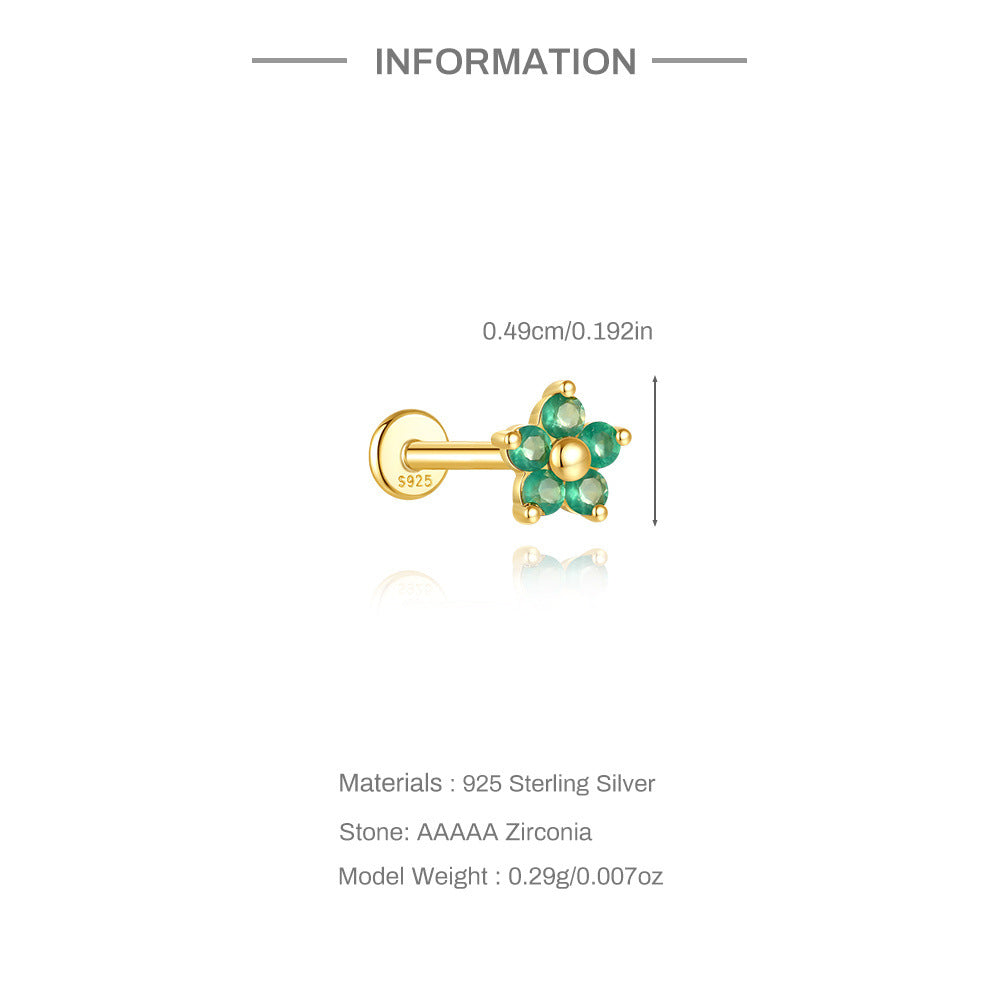 S925 Sterling Silver Gold Plated Green Zircon Flower Flat Back Cartilage Earring