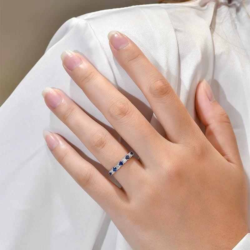 Blue Sapphire & White Alternating Half Eternity Sterling Silver Wedding Band