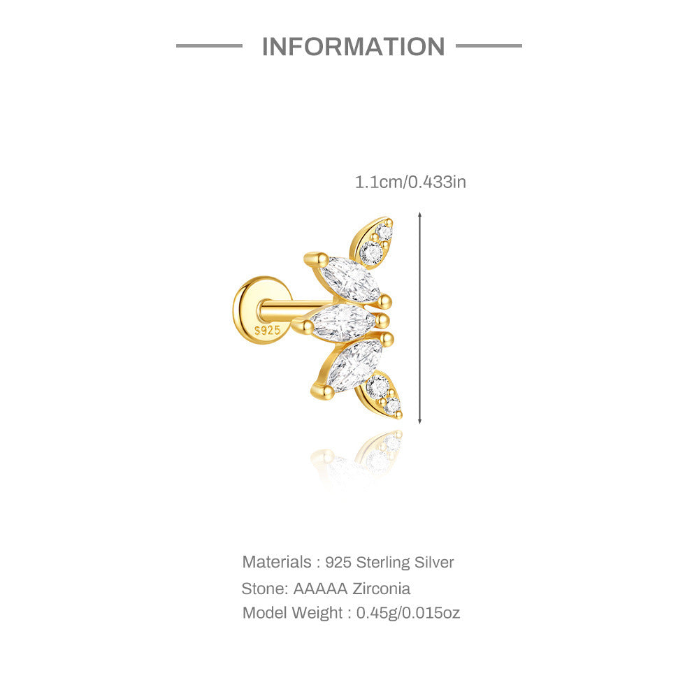 S925 Sterling Silver Gold Plated Marquise CZ Butterfly Flat Back Cartilage Earring