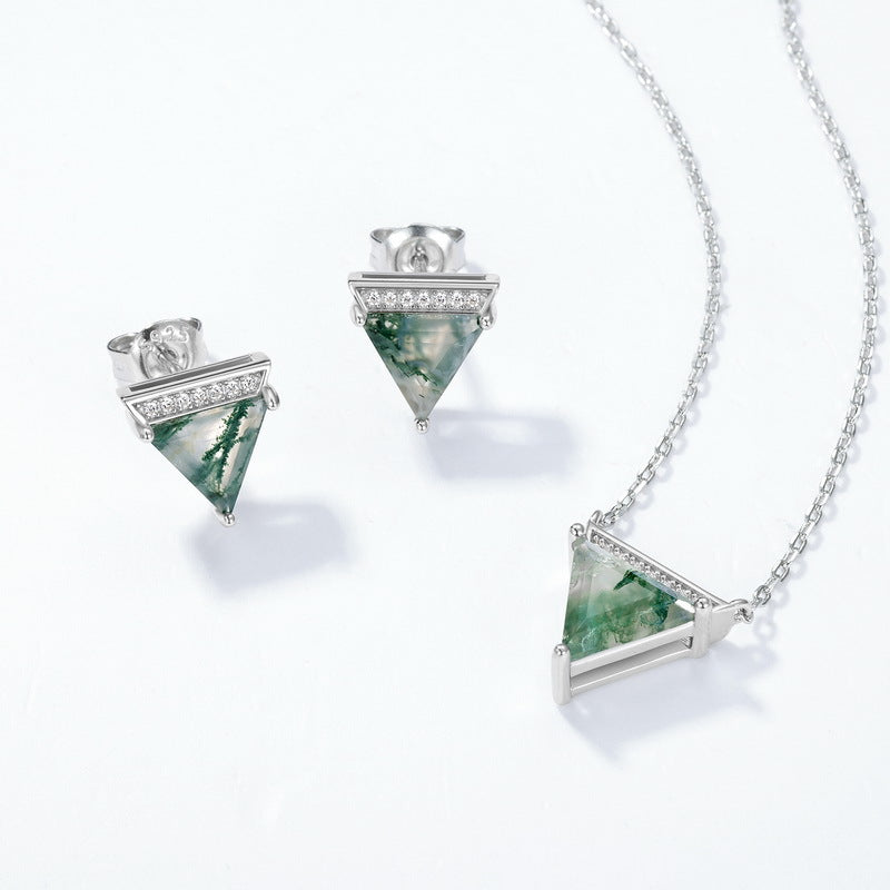 Triangle Cut Moss Agate Sparkle Accent Necklace For Girlfriend - "Mystic Pyramid"