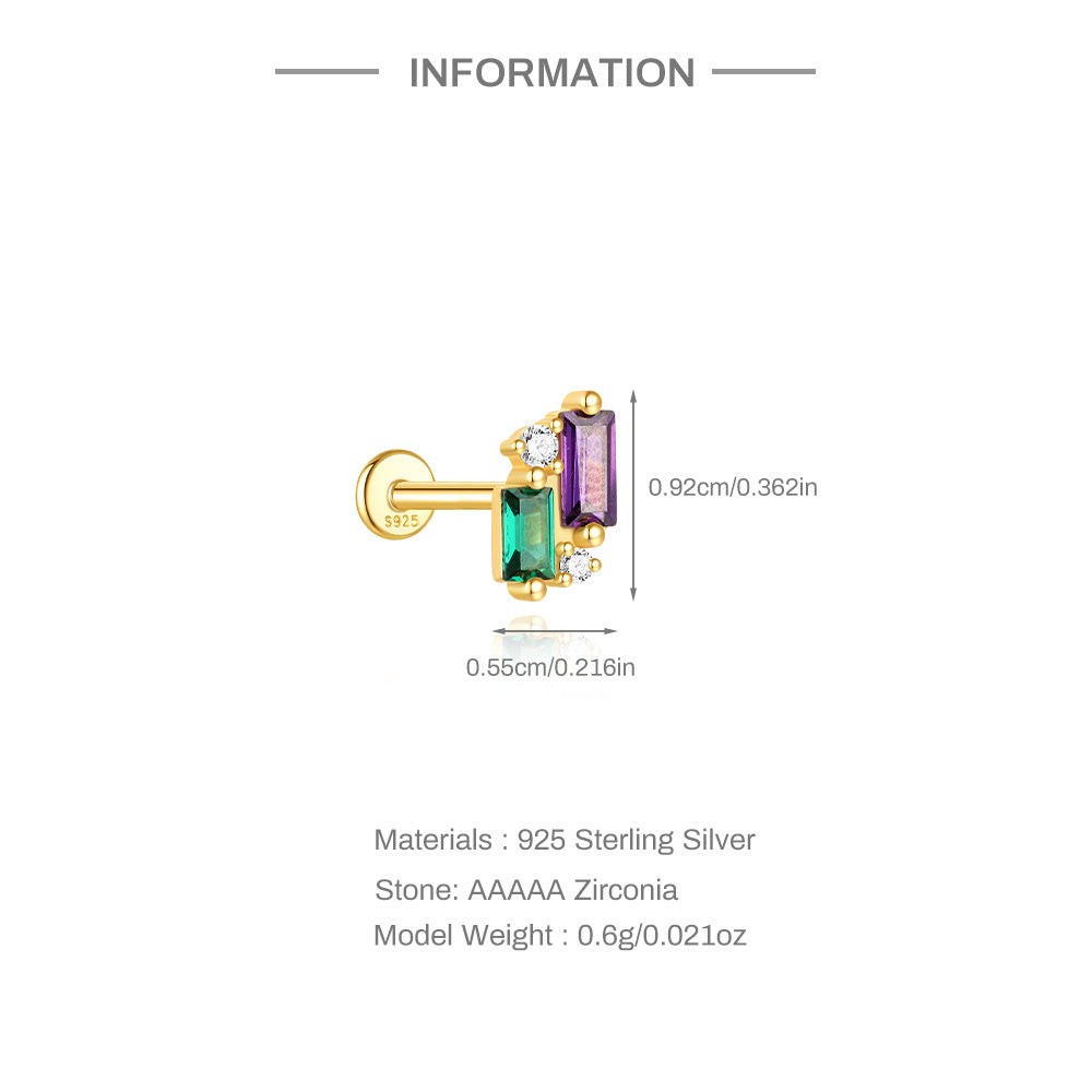 S925 Sterling Silver Gold Plated Multicolor Baguette & Round CZ Flat Back Cartilage Earring