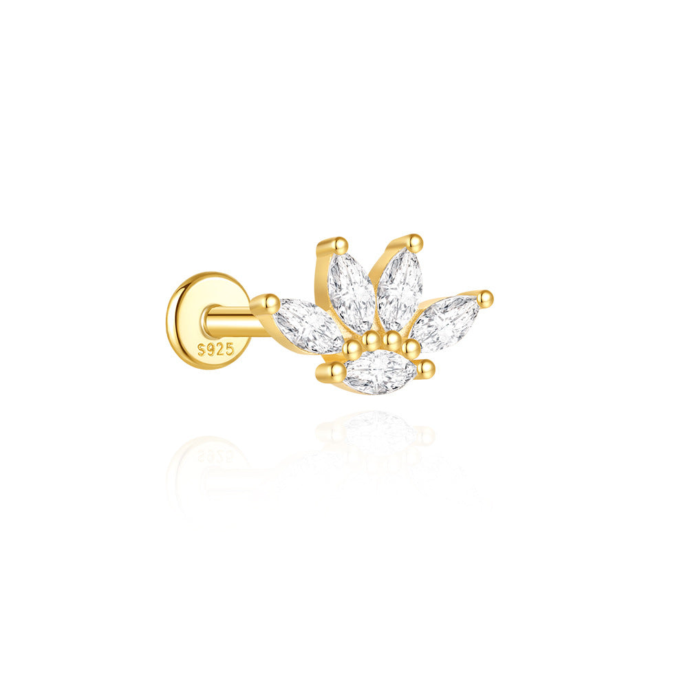 S925 Sterling Silver Gold Plated Marquise CZ Lotus Crown Flat Back Cartilage Earring