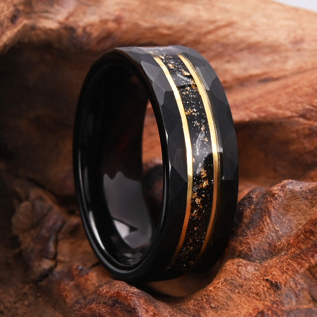 8mm men's wedding band Electric black tungsten steel with crushed foil meteorite opal