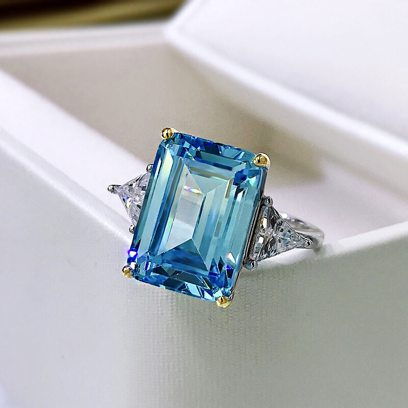 Bright Emerald Cut Blue Stone Sterling Silver Engagement Ring