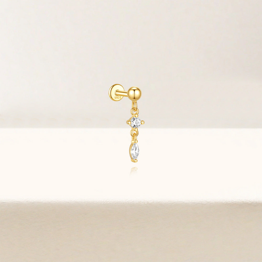 S925 Sterling Silver Gold Plated Round & Marquise CZ Chain Dangle Flat Back Cartilage Earring