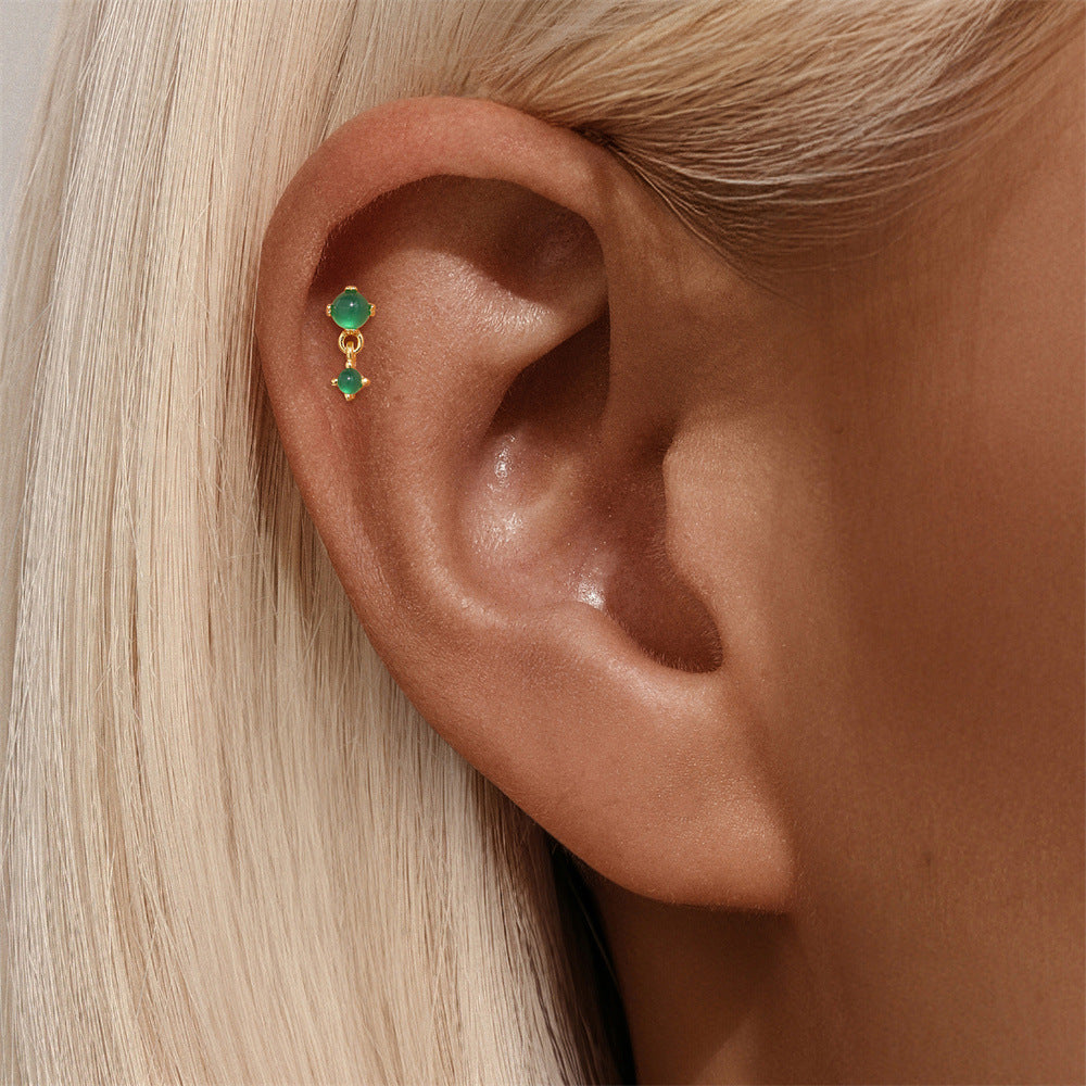 S925 Sterling Silver Gold Plated Green Zircon Drop Flat Back Cartilage Earring