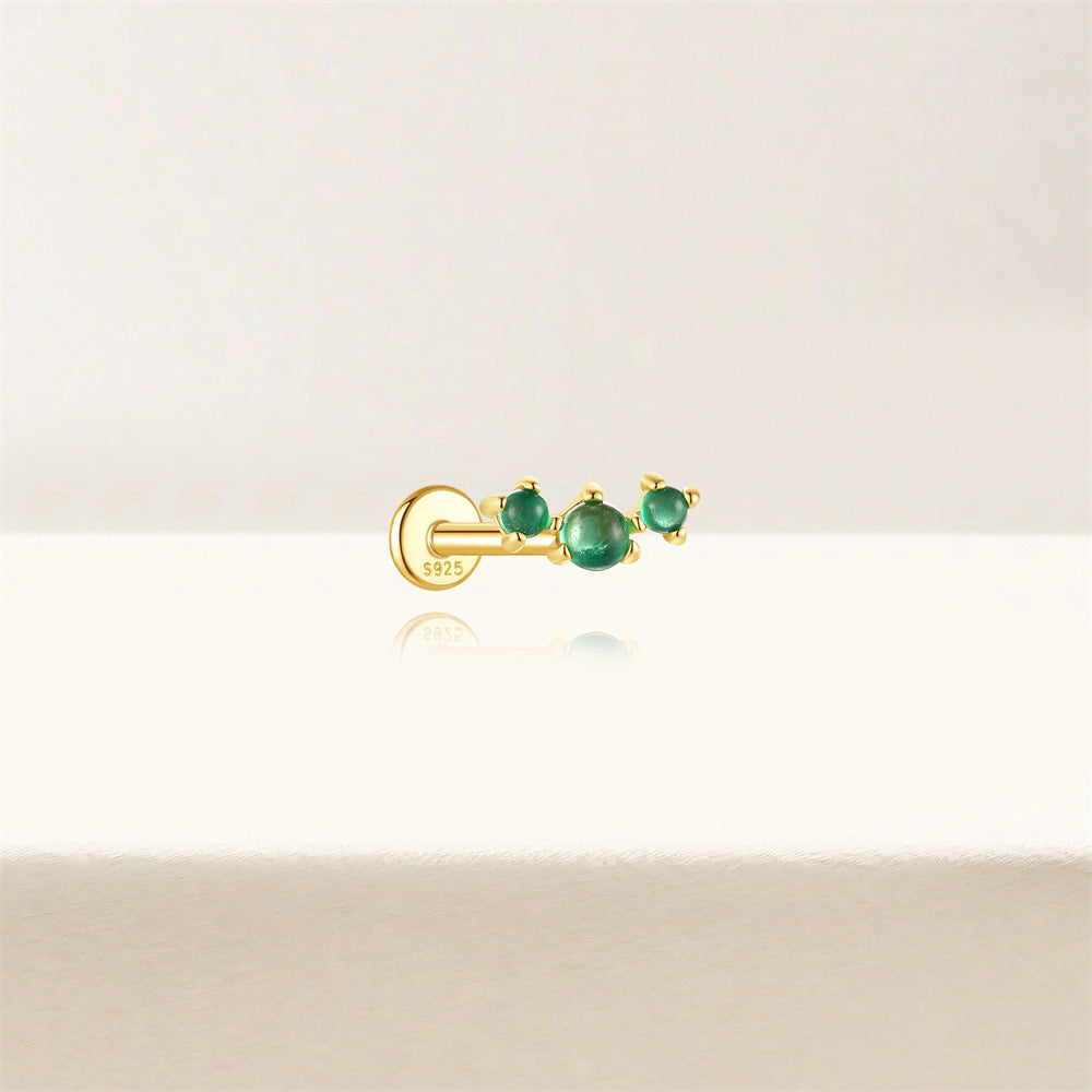 S925 Sterling Silver Gold Plated Three-Stone Green Zircon Linear Flat Back Cartilage Earring
