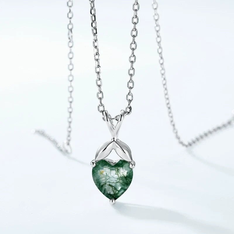 Heart Cut Moss Agate Classic Necklace for Girlfriend - Bryony