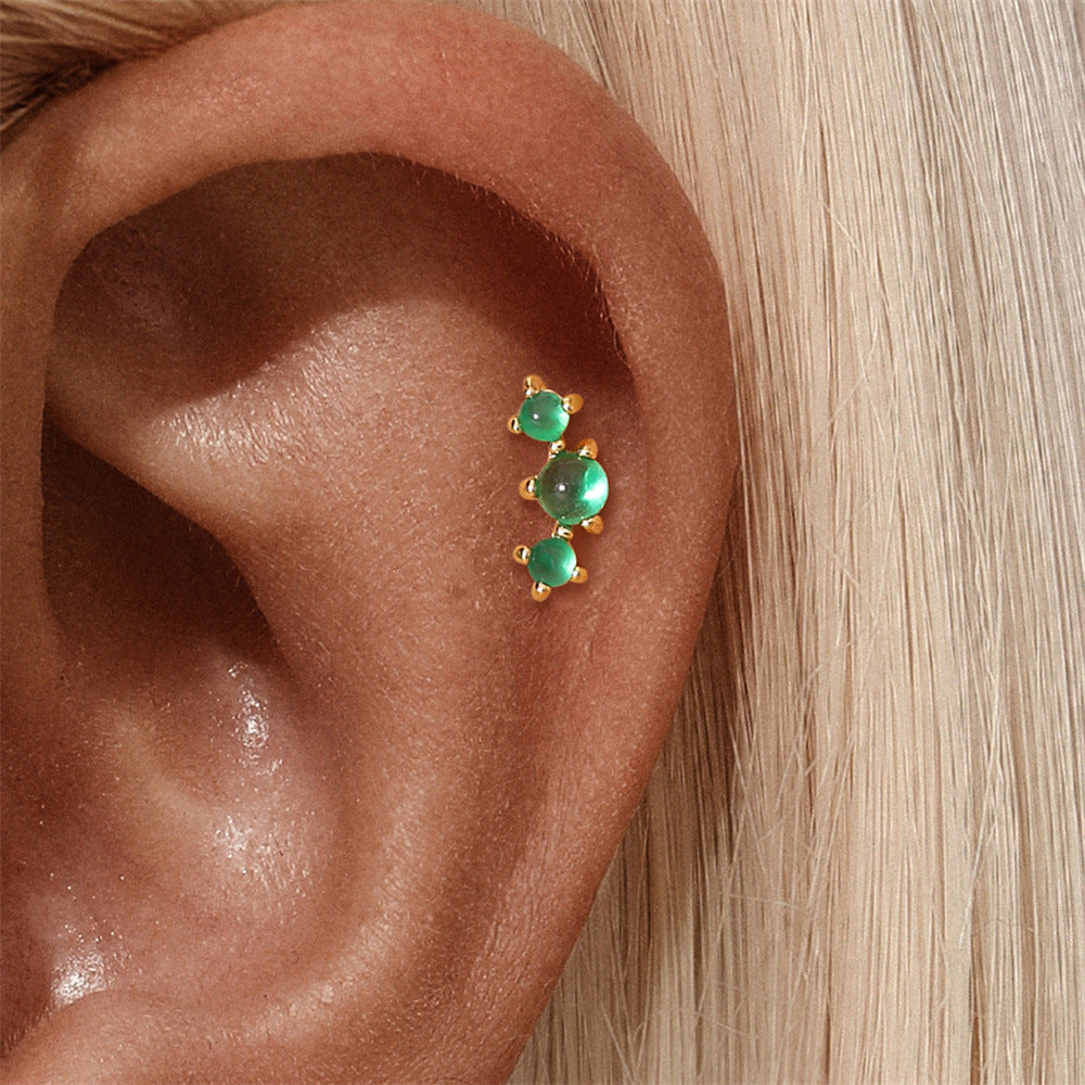 S925 Sterling Silver Gold Plated Three-Stone Green Zircon Linear Flat Back Cartilage Earring