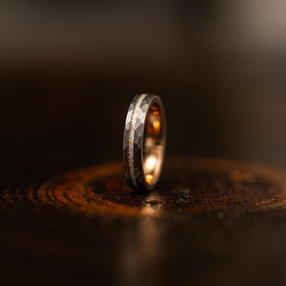 6mm Men's wedding band Tungsten Steel Hammered Electric Rose Ring Inlaid with Orbo Tungsten Gold