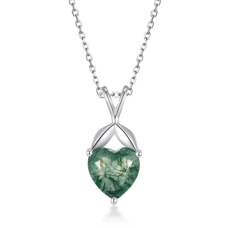 Heart Cut Moss Agate Classic Necklace for Girlfriend - Bryony