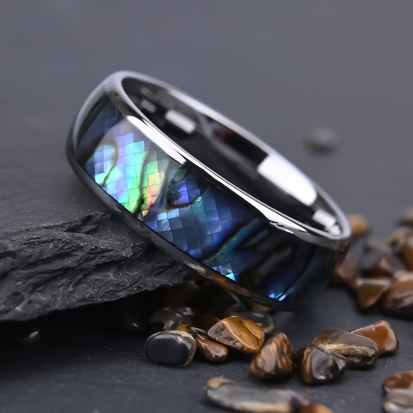 Beach Style Tungsten Couple Ring Set,White Shell Inlay, Mirror Finish Dome Bands, His and Hers Engagement Gift