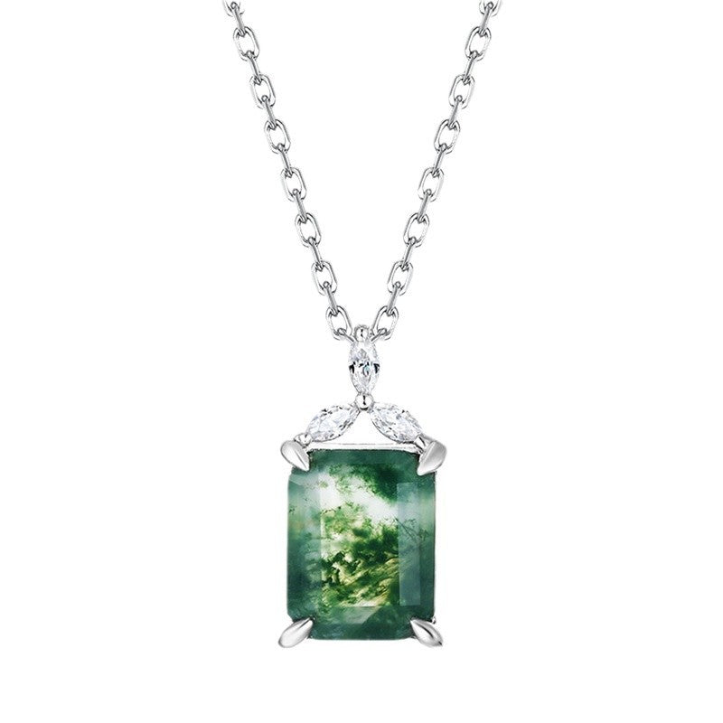 Emerald Cut Moss Agate  Accent Pendant Necklace For Girlfriend - "Verdant Throne"