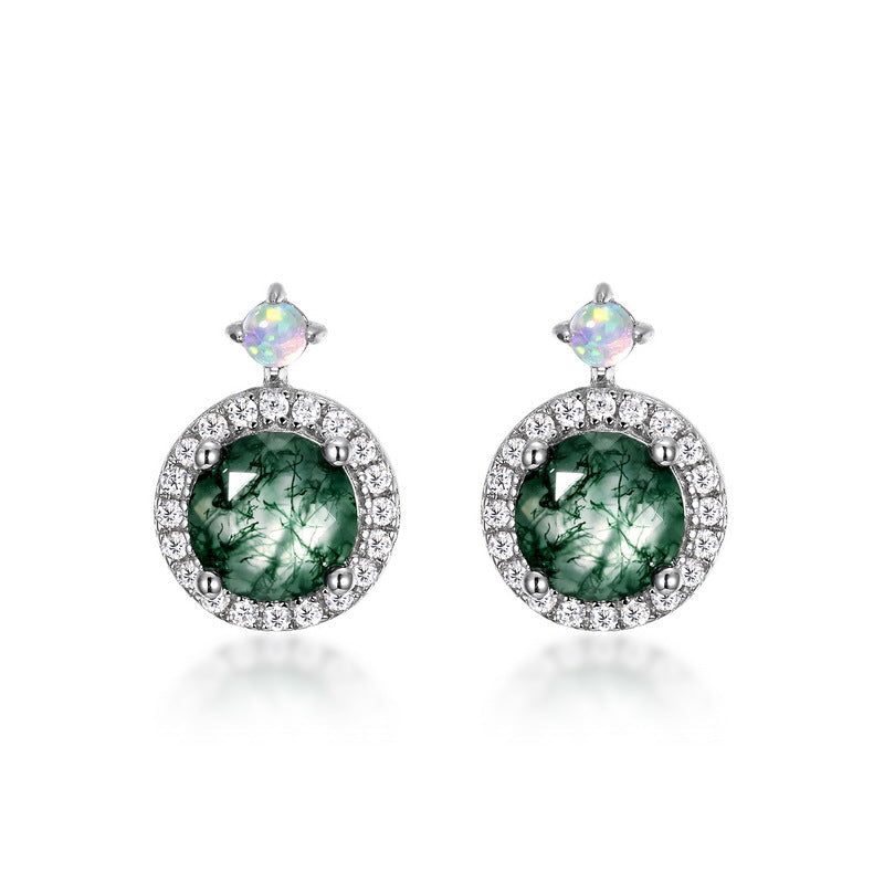 EmberMoss - Round Cut Moss Agate Halo Stud Earrings