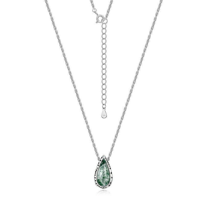 Pear Cut Moss Agate Gothic Textured Pendant Necklace For Girlfriend - "Verdant Droplet"