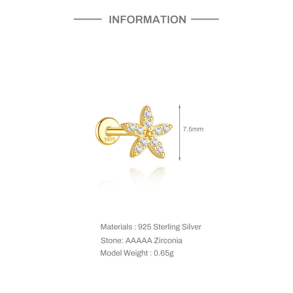 S925 Sterling Silver Gold Plated Starfish CZ Flat Back Cartilage Earring