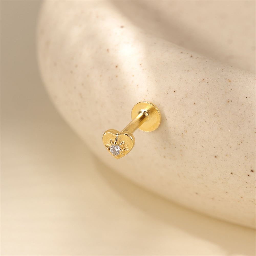 S925 Sterling Silver Gold Plated Heart with Starburst CZ Flat Back Cartilage Earring