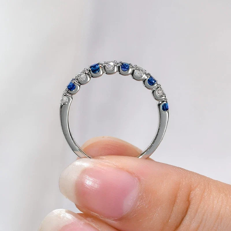 Blue Sapphire & White Alternating Half Eternity Sterling Silver Wedding Band
