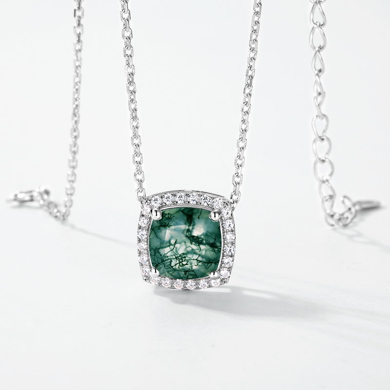 Cushion Cut Moss Agate Halo Pendant Necklace For Girlfriend - "Verdant Cushion"