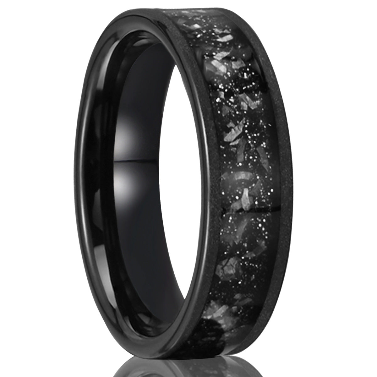 6mm men's wedding band Couple Ring Tungsten Steel Inlaid Meteorite Slice Black Sandblasted