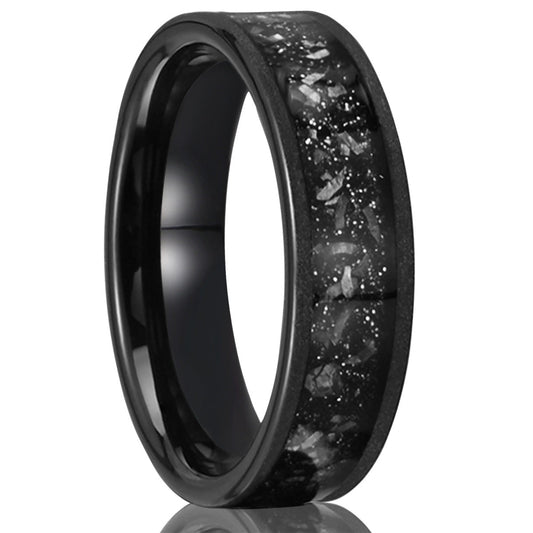 6mm men's wedding band Couple Ring Tungsten Steel Inlaid Meteorite Slice Black Sandblasted
