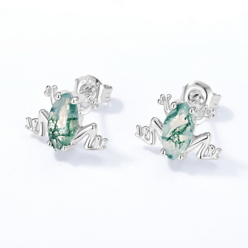 Pondgem - Marquise Cut Moss Agate Frog Unique Stud Earrings