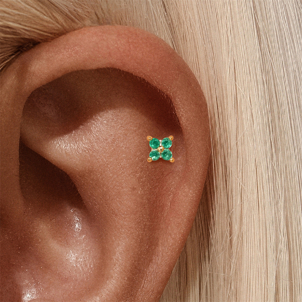 S925 Sterling Silver Gold Plated Four-Petal Green Zircon Flower Flat Back Cartilage Earring