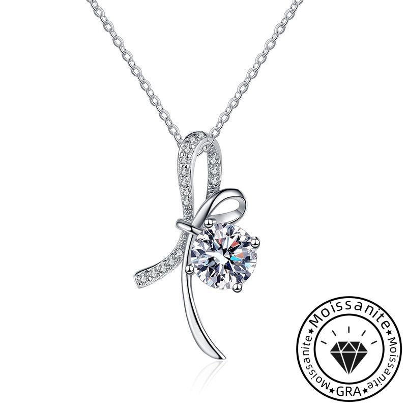 Moissanite Round Cut Ribbon 925 Sterling Silver Necklace